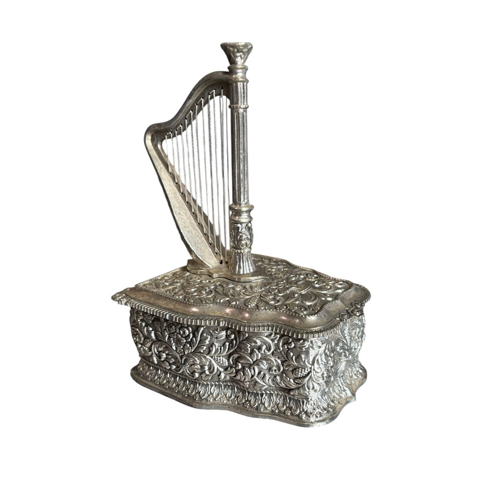 Vintage Silver Ornate Harp Music Box Jewelry Trinket Red Lining WORKS 7.5"